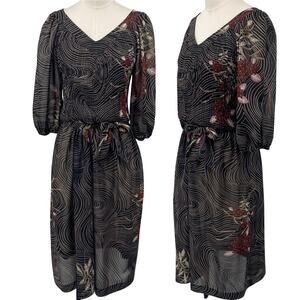 Vintage 70s Belted Abstract Floral Swirl Print Dress V Neck Blouson Black Red XS